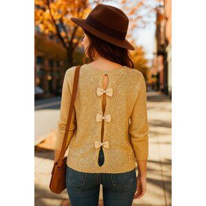 Buzz S Gold Sequin Cutout Bow Back Cutout Y2K Long Sleeve Sweater top Vintage